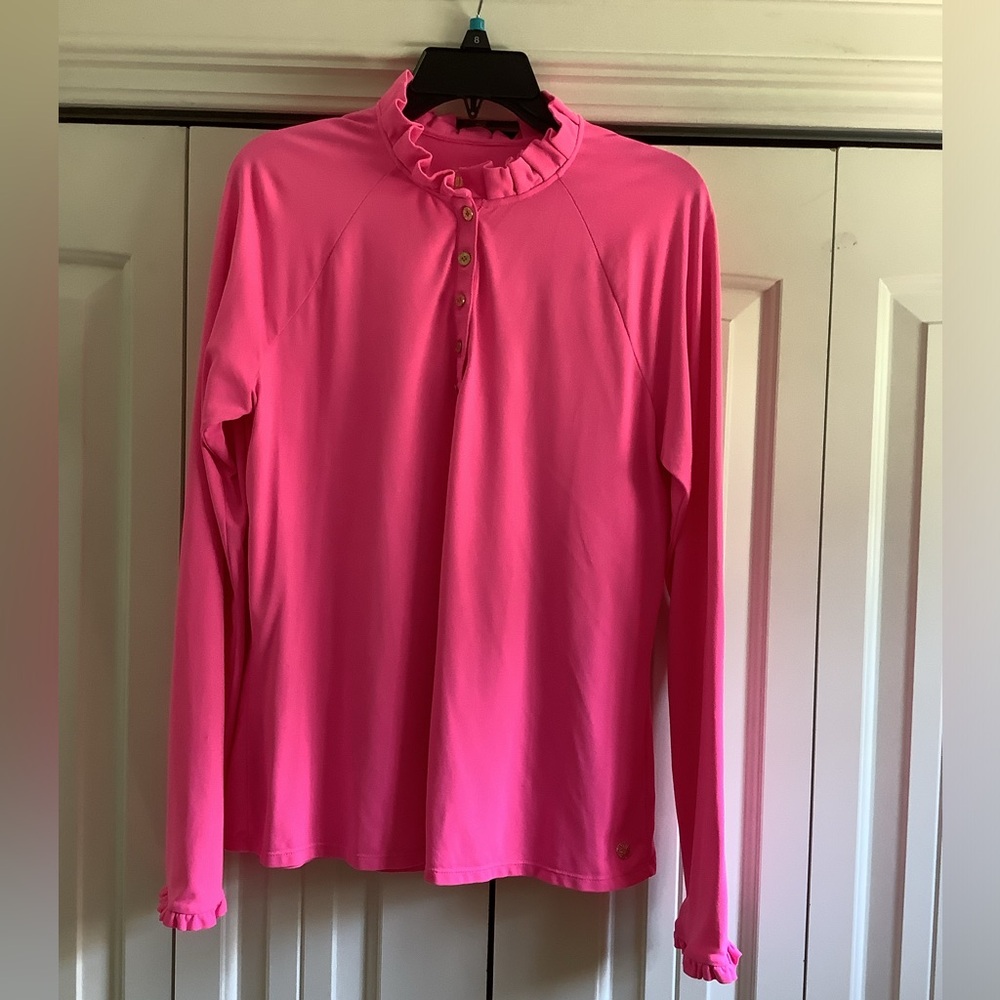 Lilly Pulitzer Bright Pink Ruffle Neck Long Sleeve Top wit ruffle at cuff